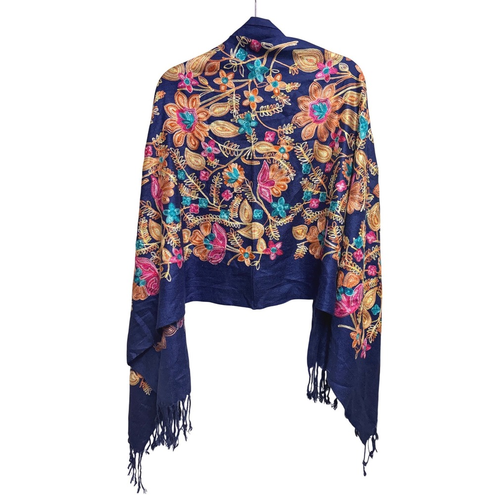 Unbranded Floral Embroidered Pashmina Navy Blue Wrap Scarf Fringe OS